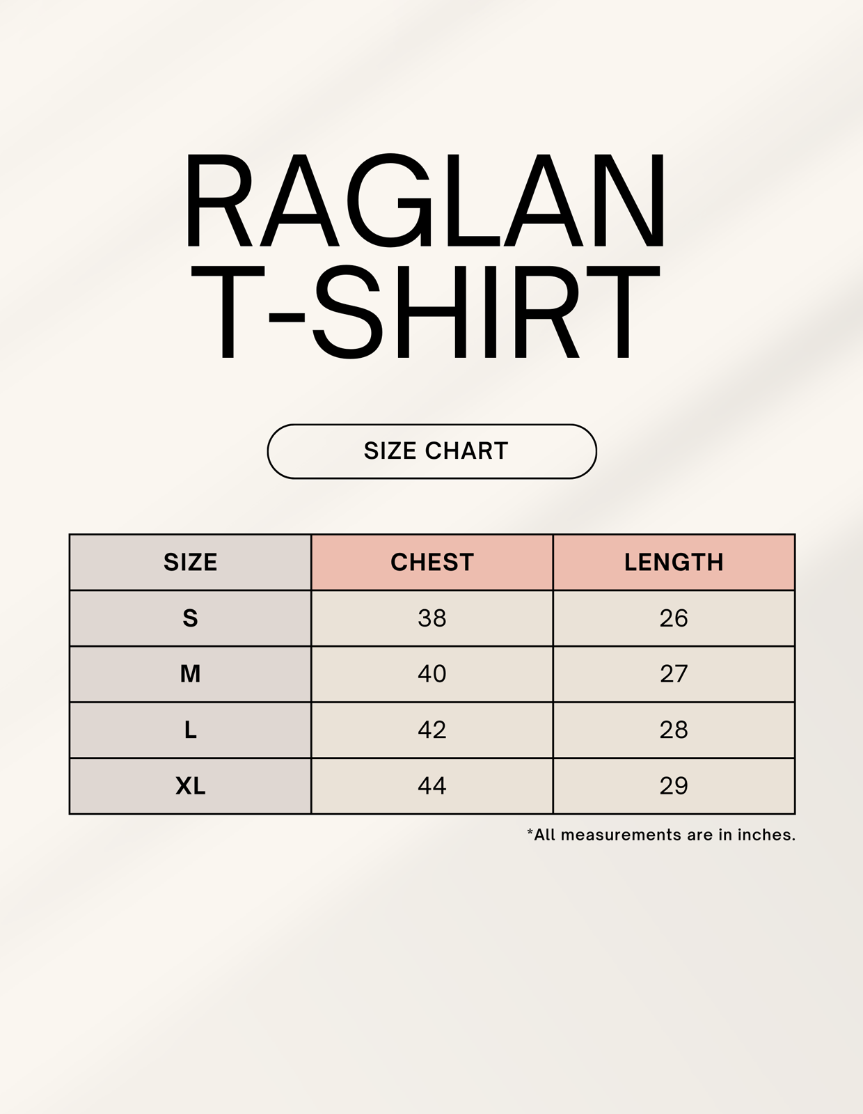 Raglan T-shirt size chart showing chest and length for S to XL in inches