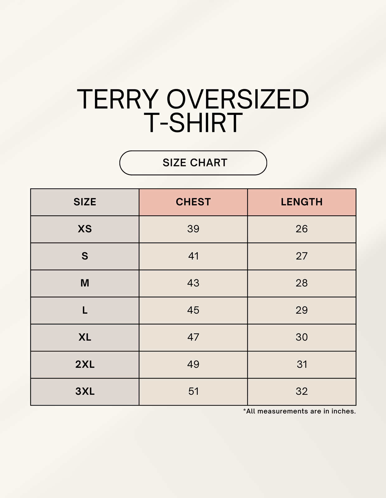 Unisex terry oversized tee size chart with chest and length in inches