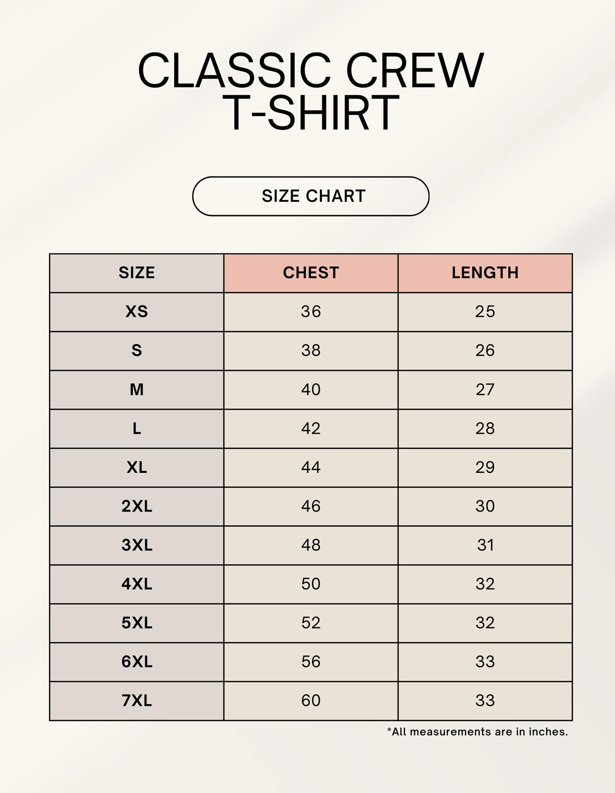 T-shirt size chart table: chest and length measurements in inches