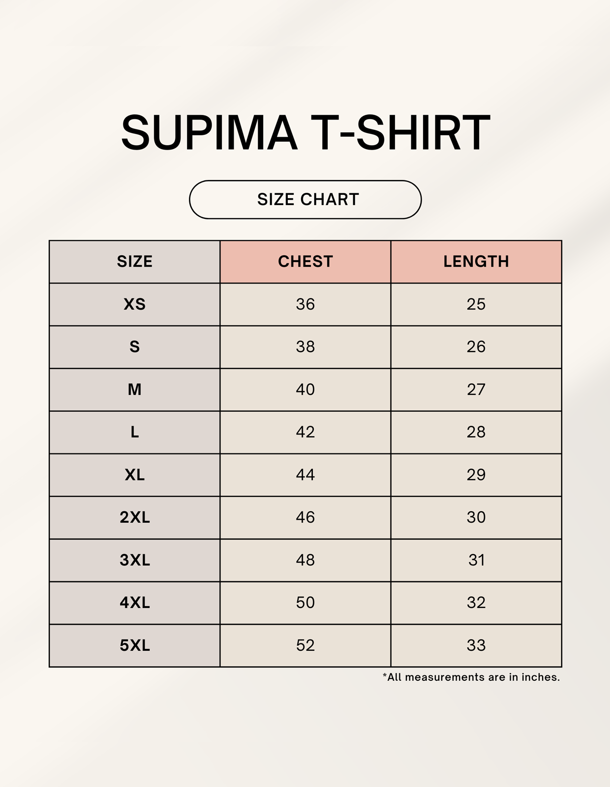 Supima T-shirt size chart with chest and length measurements