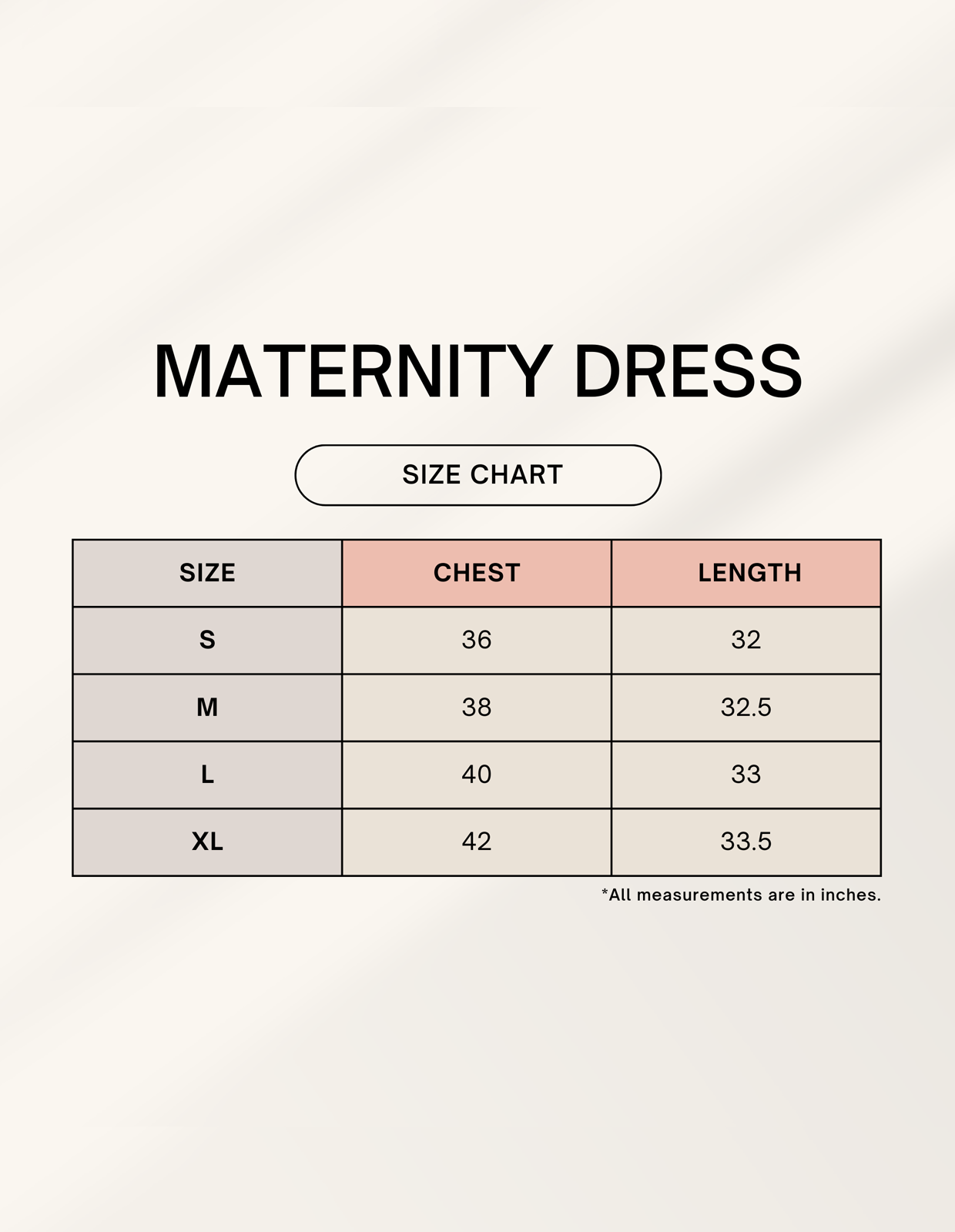 Maternity dress size chart for S–XL: chest and length measurements in inches