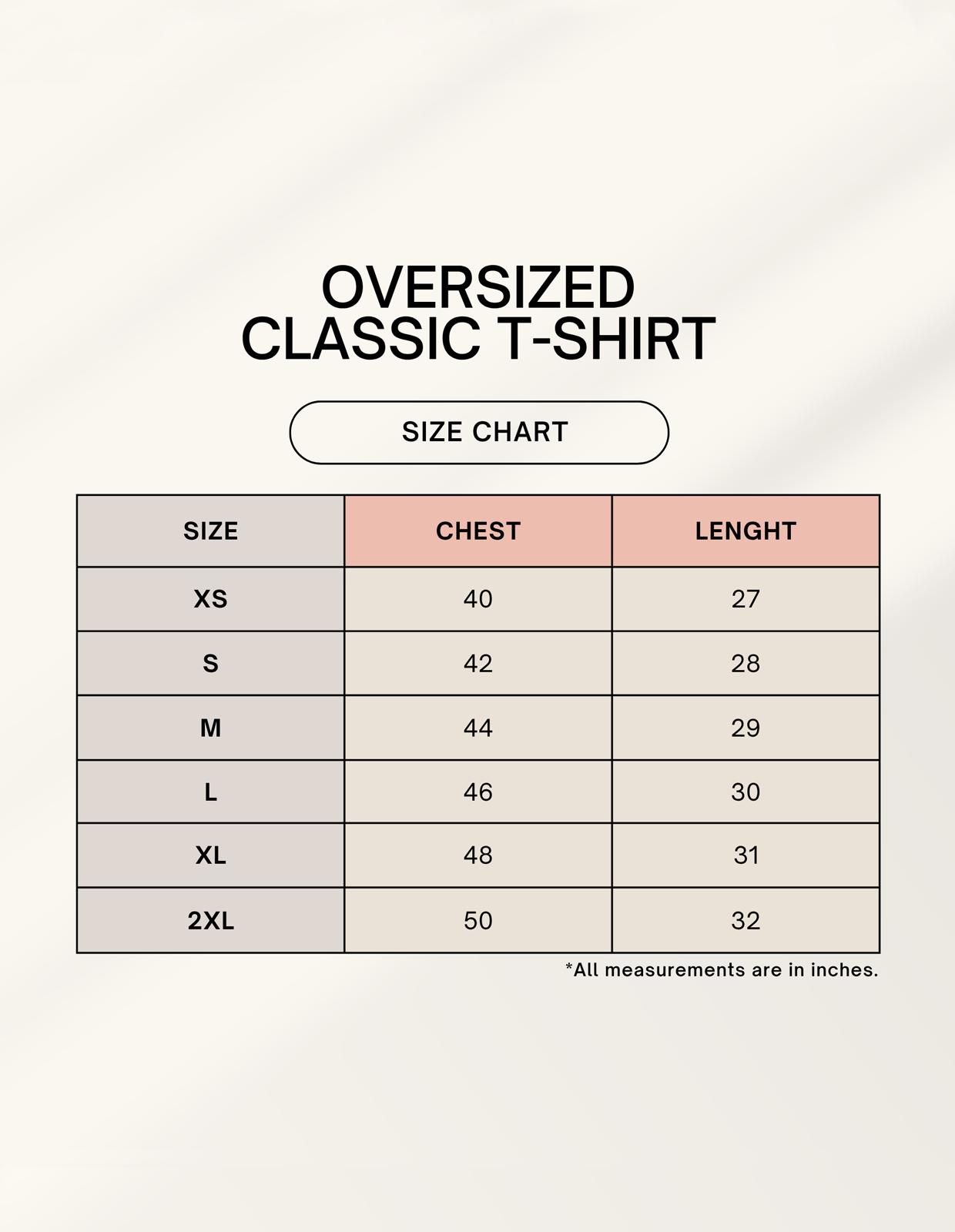 Oversized classic T-shirt size chart showing chest and length in inches