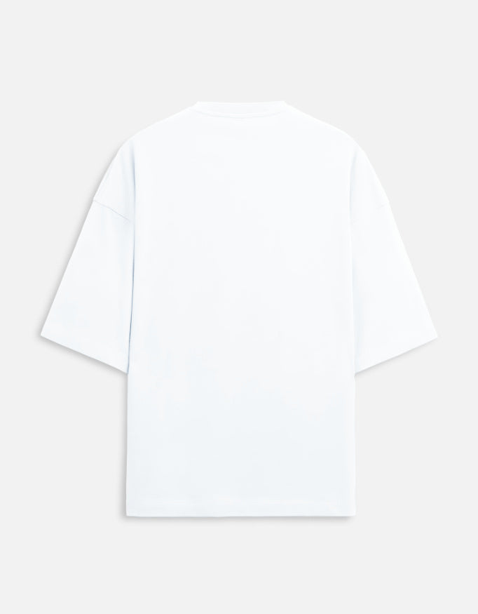 Unisex oversized terry tee in white, crew neck, plain back view.