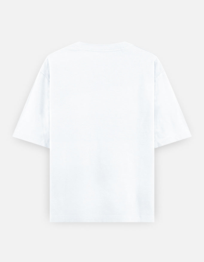 Oversized classic tee in white, plain back view with crew neck