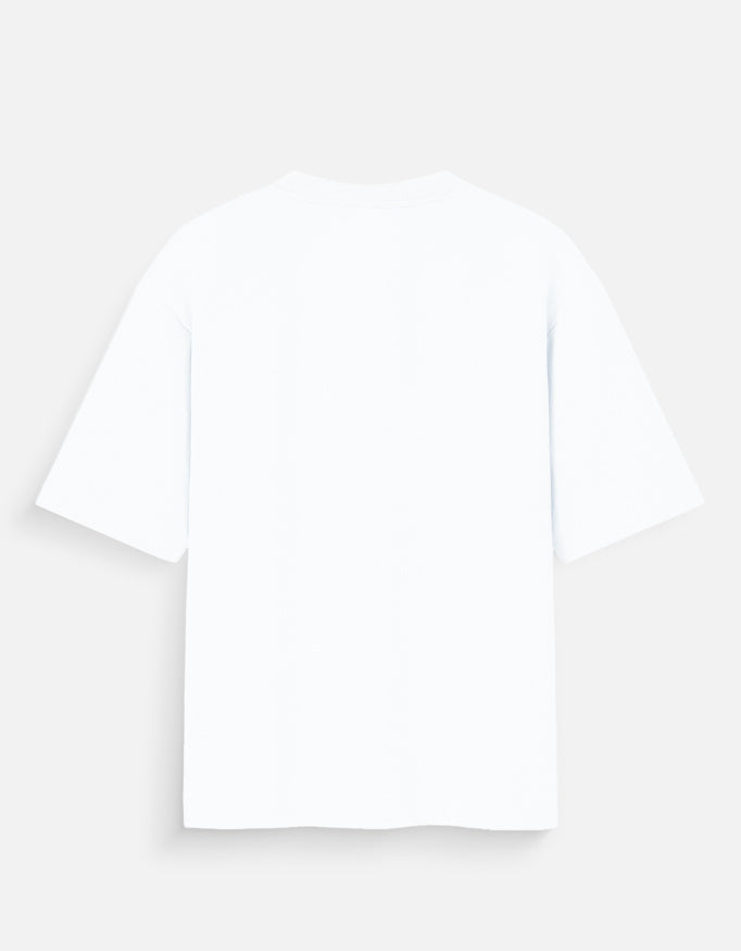 Oversized graphic tee, white crew neck, short sleeves, plain back