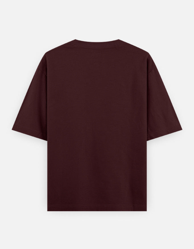 Maroon oversized drop-shoulder T-shirt with crew neck, back view