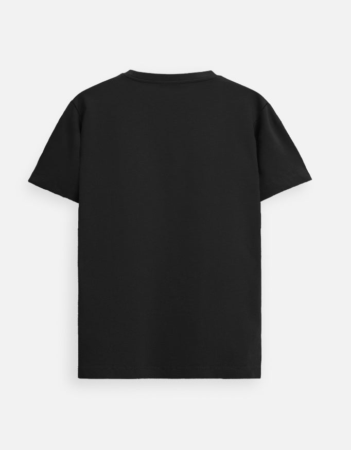 Black unisex graphic tee back view, plain fabric no print