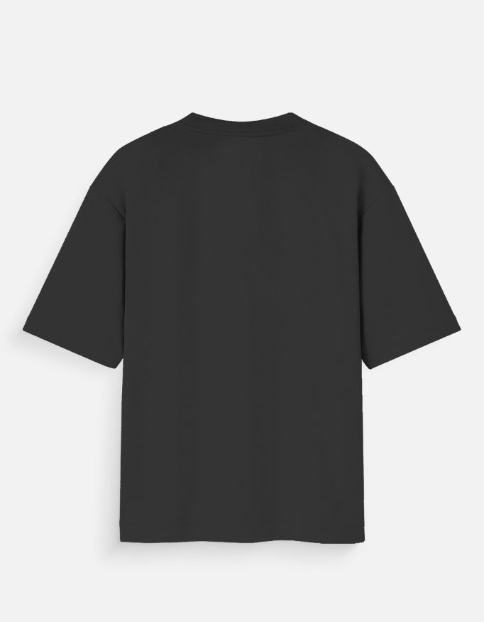 Oversized graphic tee, black crew neck, short sleeves, plain back