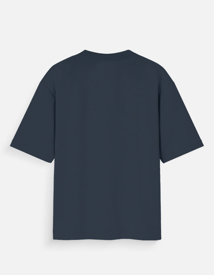 Oversized graphic tee, navy blue crew neck, short sleeves, plain back