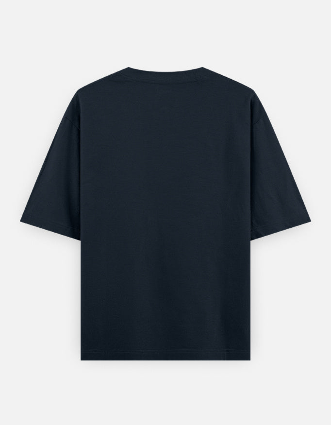 Navy oversized tee back view with crew neck and no visible print