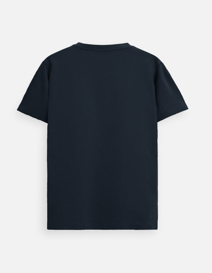 Navy blue unisex graphic tee back view, plain fabric no print