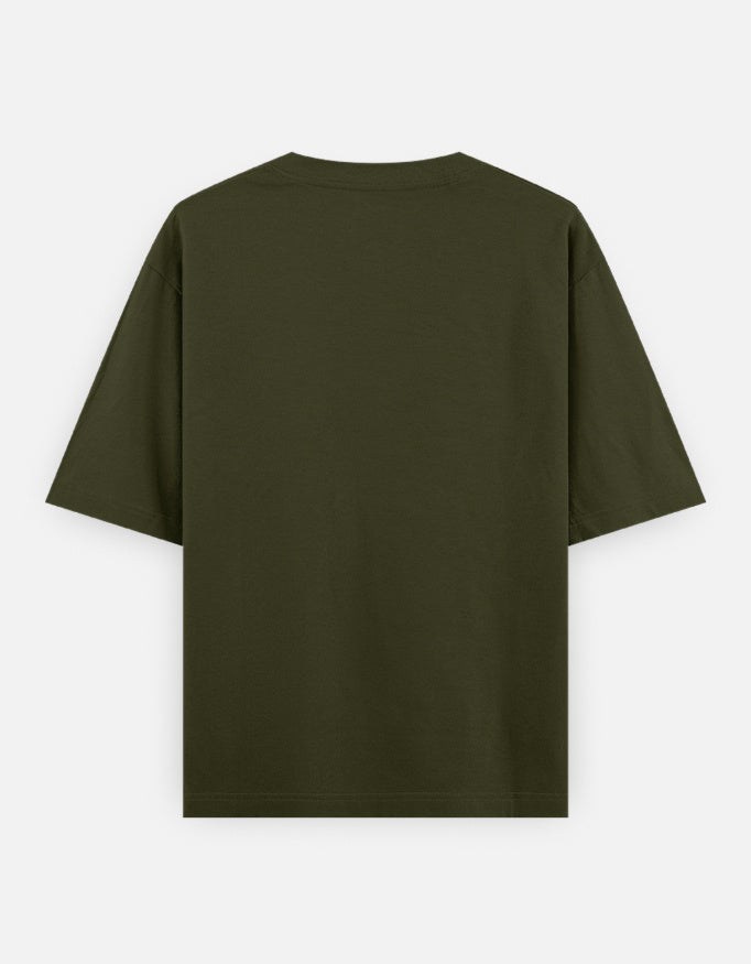 Oversized classic tee, olive green, short sleeves, crew neck, relaxed fit.