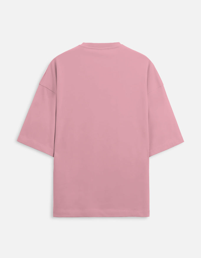 Pink oversized terry T-shirt, crew neck, short sleeves, relaxed fit.