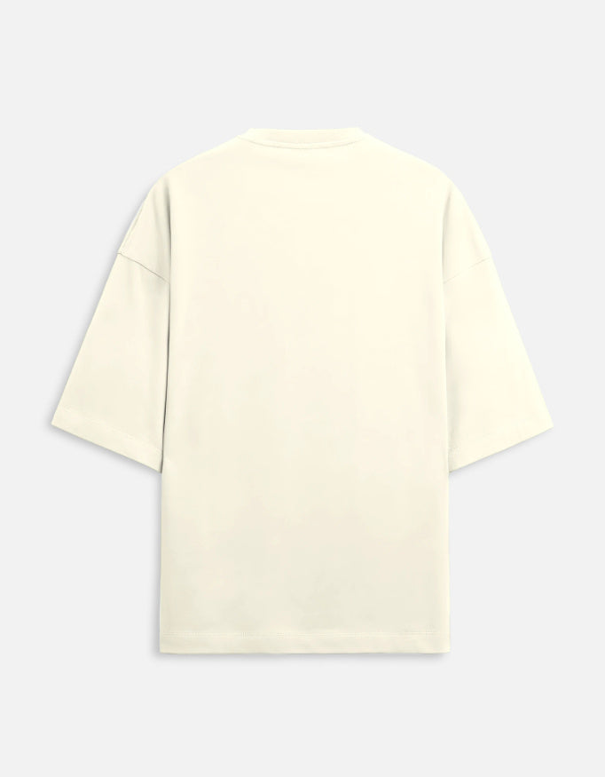 Off-white oversized terry T-shirt, crew neck, short sleeves, relaxed fit.