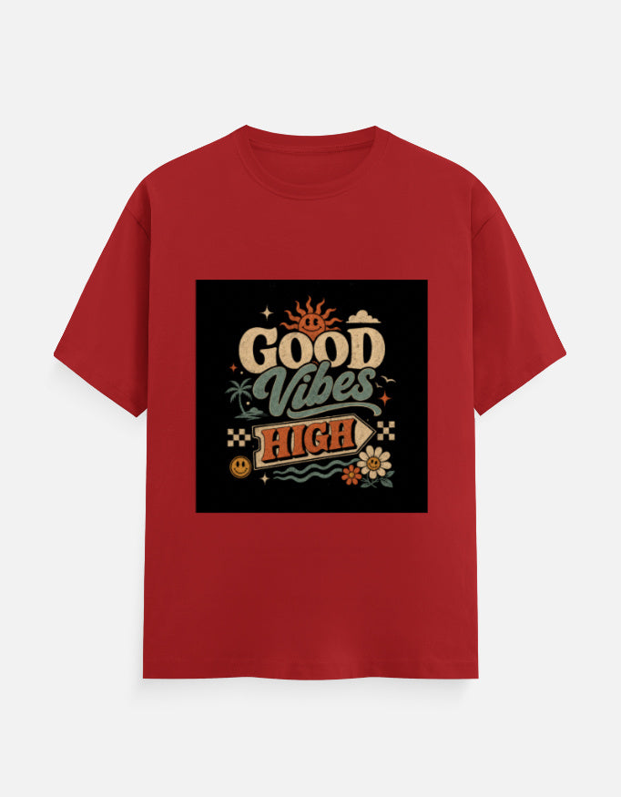 Red crew neck T-shirt with "Good Vibes High" graphic print on chest