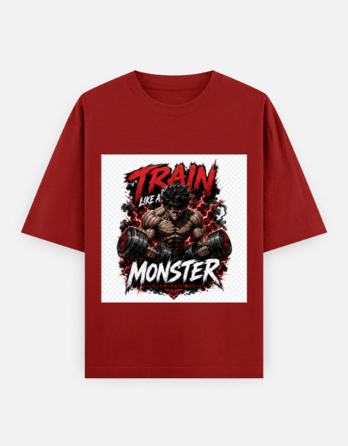 Oversized classic tee in red with front graphic of a monster and train flames.