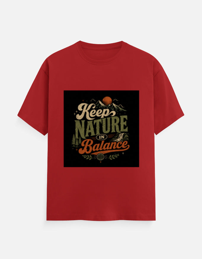 Red crew-neck T-shirt with 'Keep Nature Balance' nature logo print