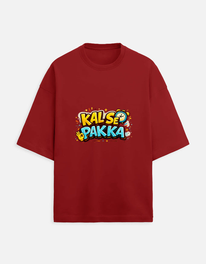Unisex terry oversized tee, red, front “KAL’S E PAKKA” graphic print