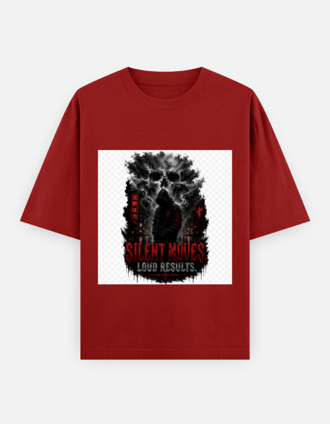 Red oversized crewneck tee with front graphic print, short sleeves