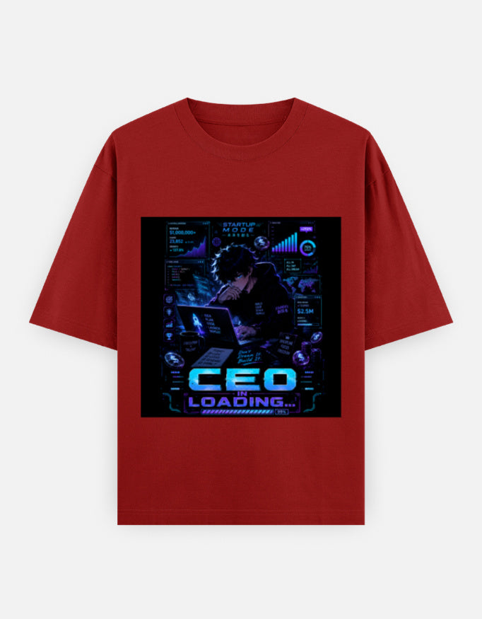 Red crew-neck t-shirt with blue CEO loading graphic print on chest