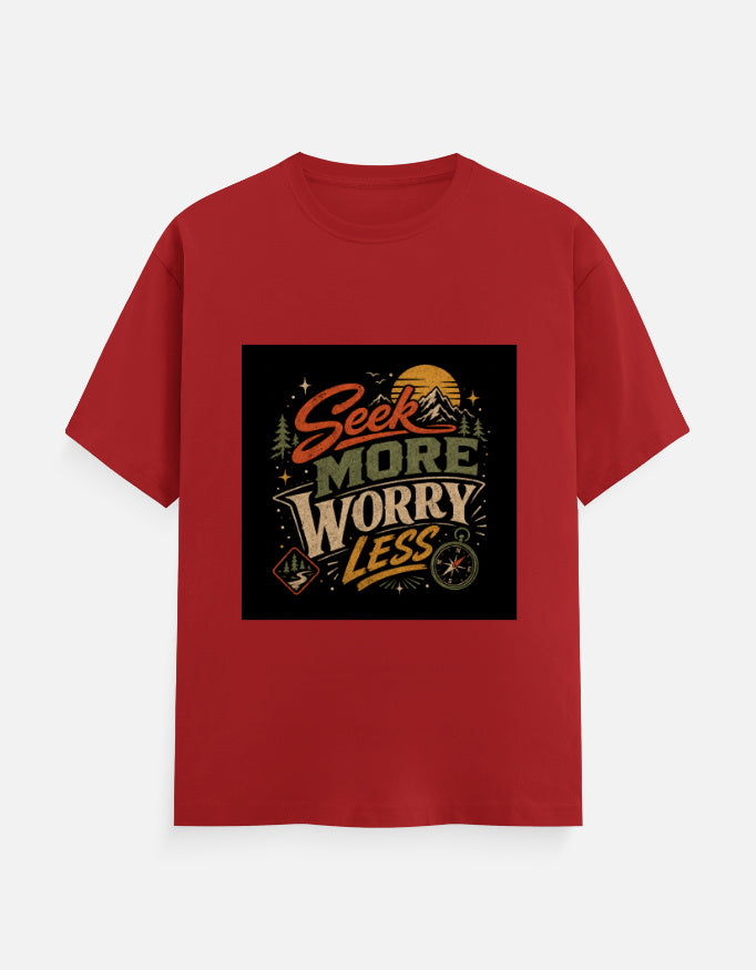 Red crew-neck T-shirt with square 'Seek more worry less' graphic