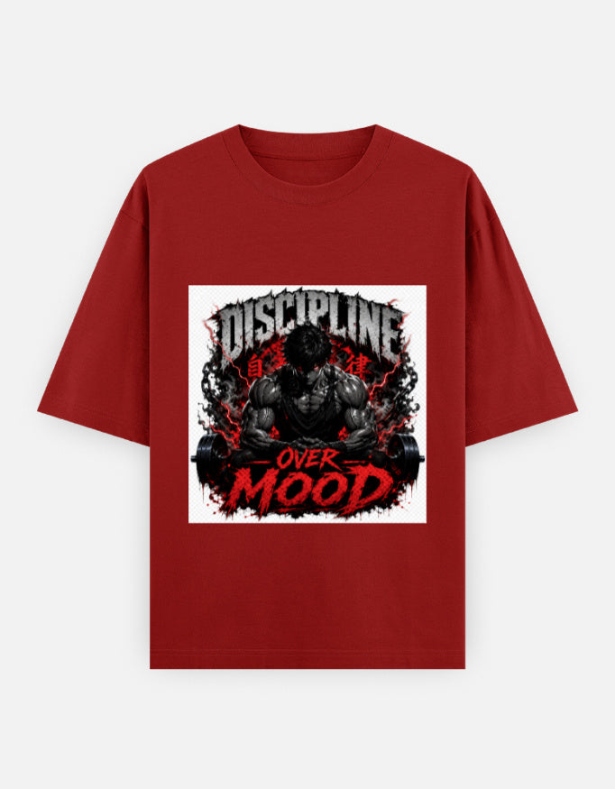 Oversized crewneck graphic tee, red with red and black "Discipline Over Mood" print