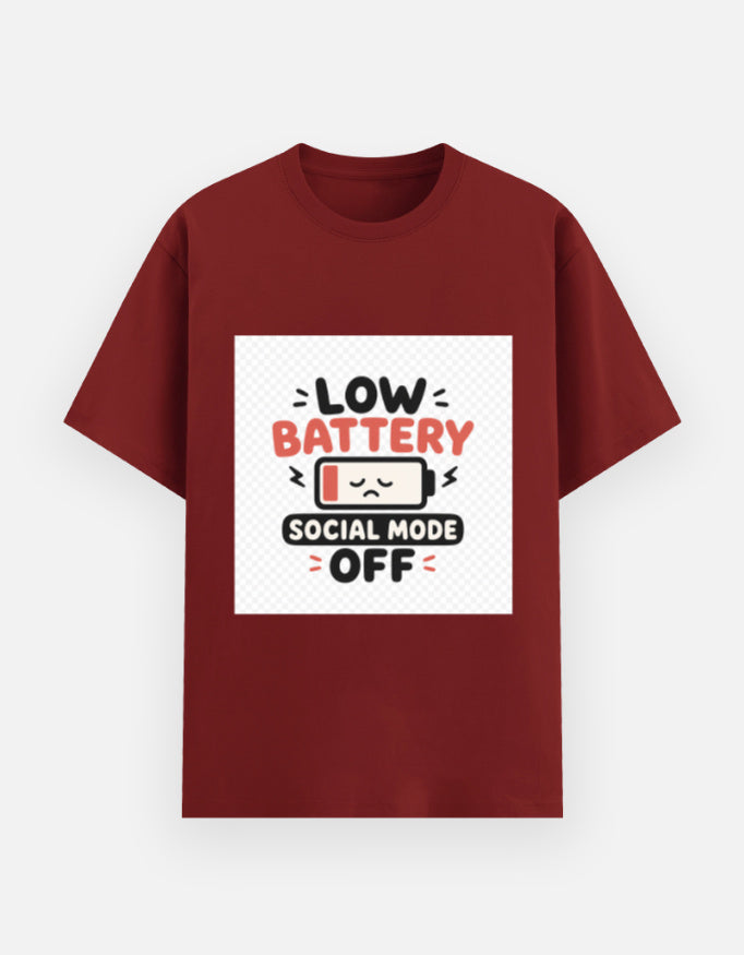 Red unisex graphic tee with “Low Battery Social Mode Off” battery icon print