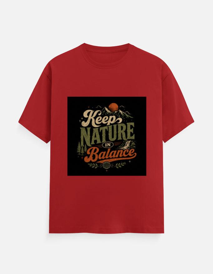 Red crew neck T-shirt with "Keep Nature Balance" graphic print