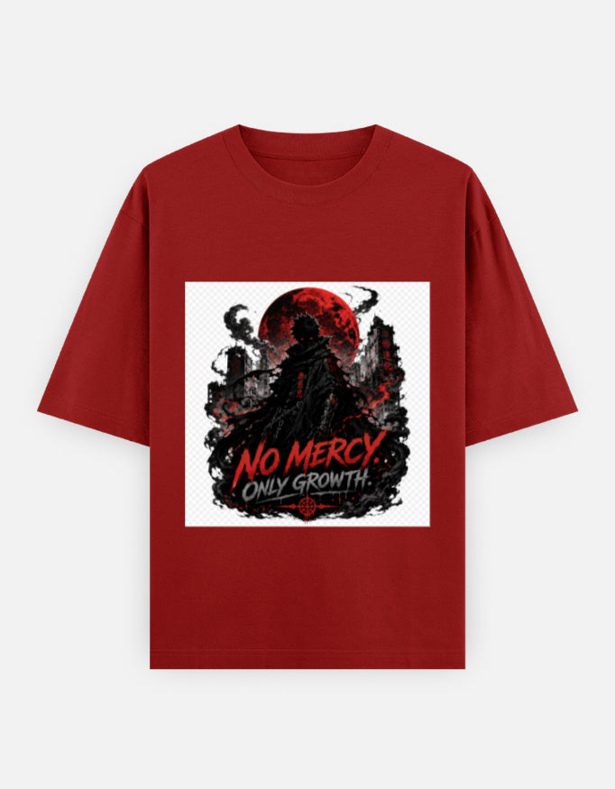 Oversized crew-neck tee, red, front “NO MERCY” graphic with red moon and skull