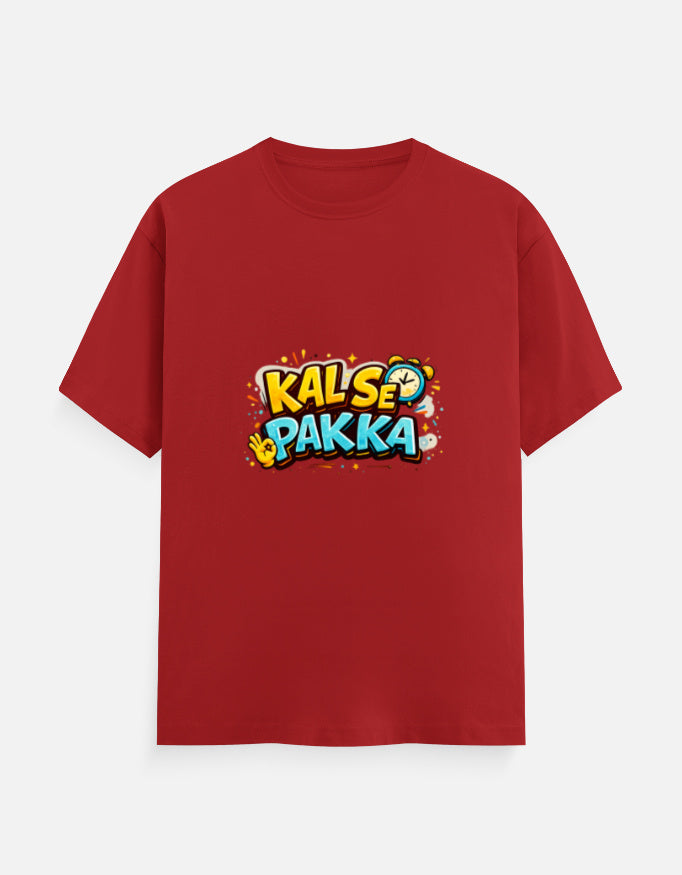 Red crew T-shirt with front 'KAL'SE PAKKA' graphic, round neck