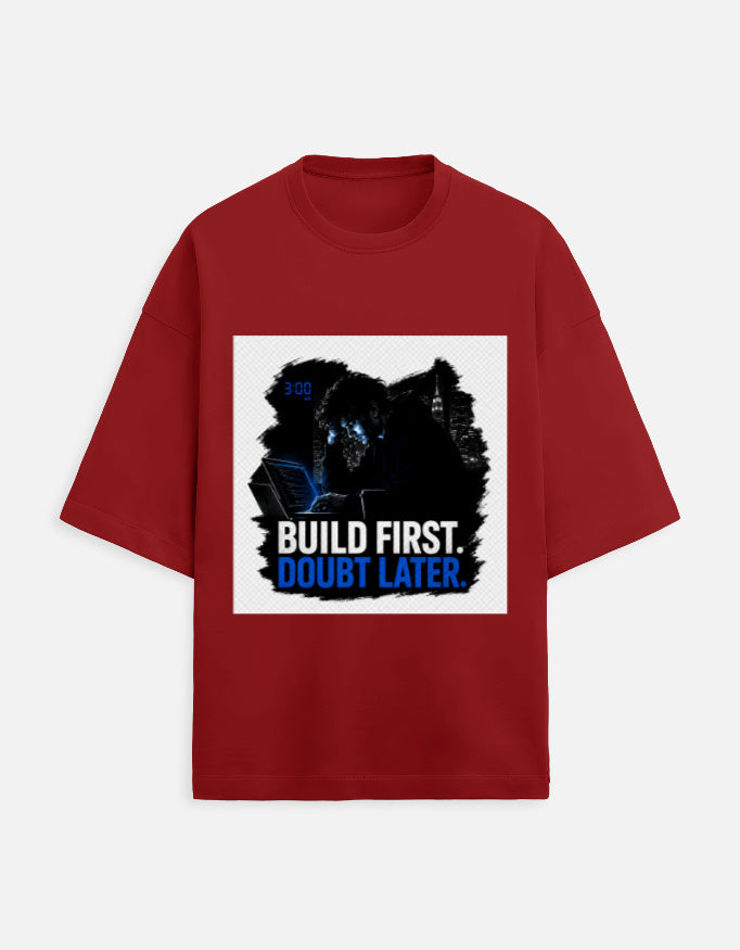 Unisex oversized terry T-shirt in red with front graphic print
