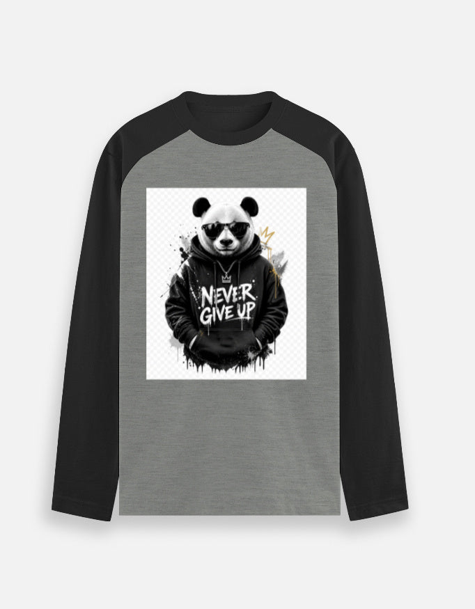 Unisex raglan T-shirt in dark gray with black contrast sleeves and panda graphic