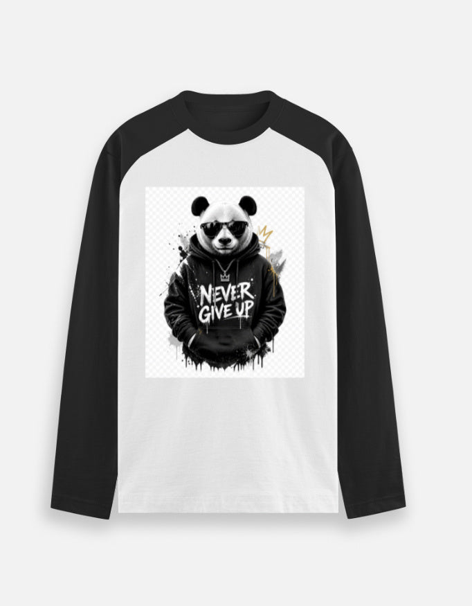 Unisex raglan T-shirt in white with black contrast sleeves and panda graphic