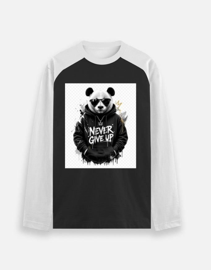 Unisex raglan T-shirt in black with white contrast sleeves and panda graphic