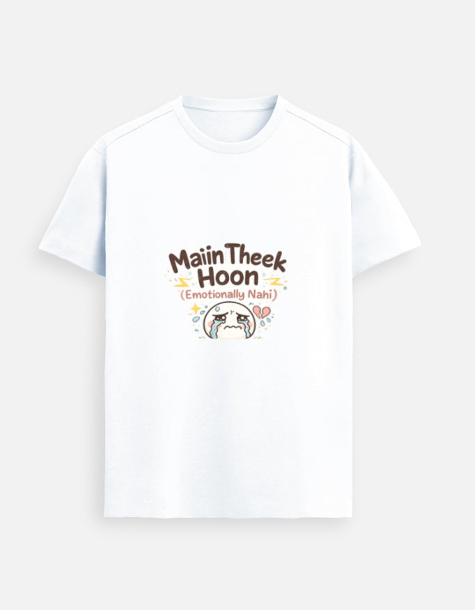 White crewneck T-shirt with front graphic text and cute character illustration.