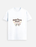White crewneck T-shirt with front graphic text and cute character illustration.