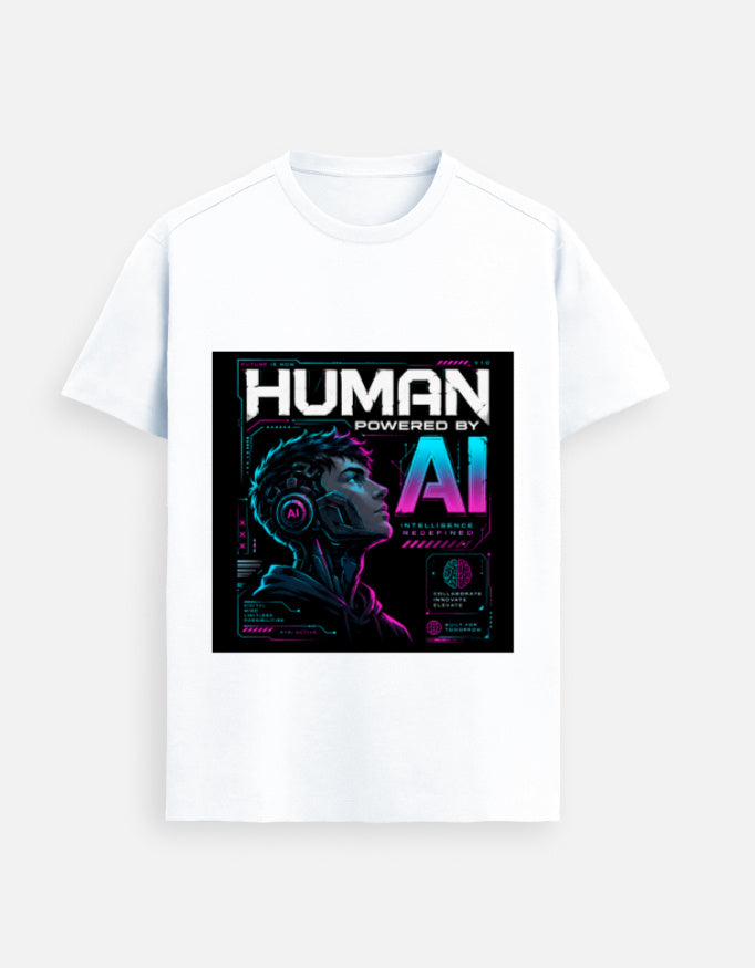 White graphic T-shirt with bold square AI-themed front print