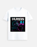 White graphic T-shirt with bold square AI-themed front print