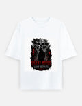 White oversized crewneck tee with front graphic print, short sleeves