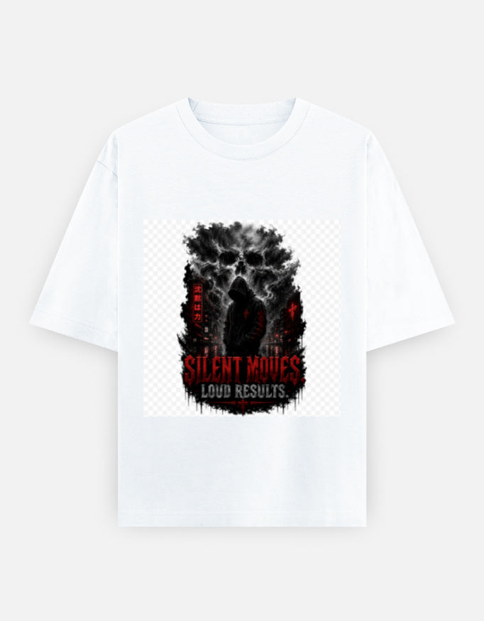 White oversized crewneck tee with front graphic print, short sleeves