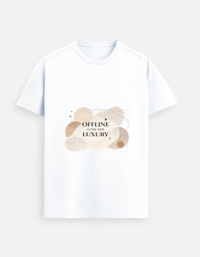 White unisex graphic tee, crew neck; “OFFLINE is the new LUXURY” front print