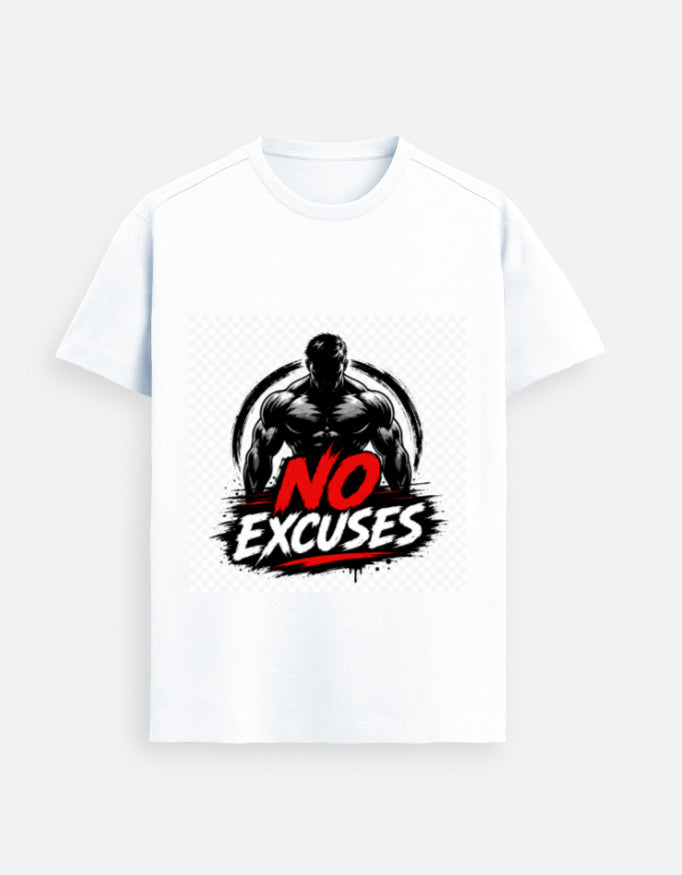 White graphic tee with bold 'NO EXCUSES' rider-style print at center front