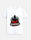 White graphic tee with bold 'NO EXCUSES' rider-style print at center front