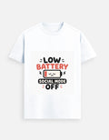 White graphic tee with “Low Battery” and “Social Mode Off” print