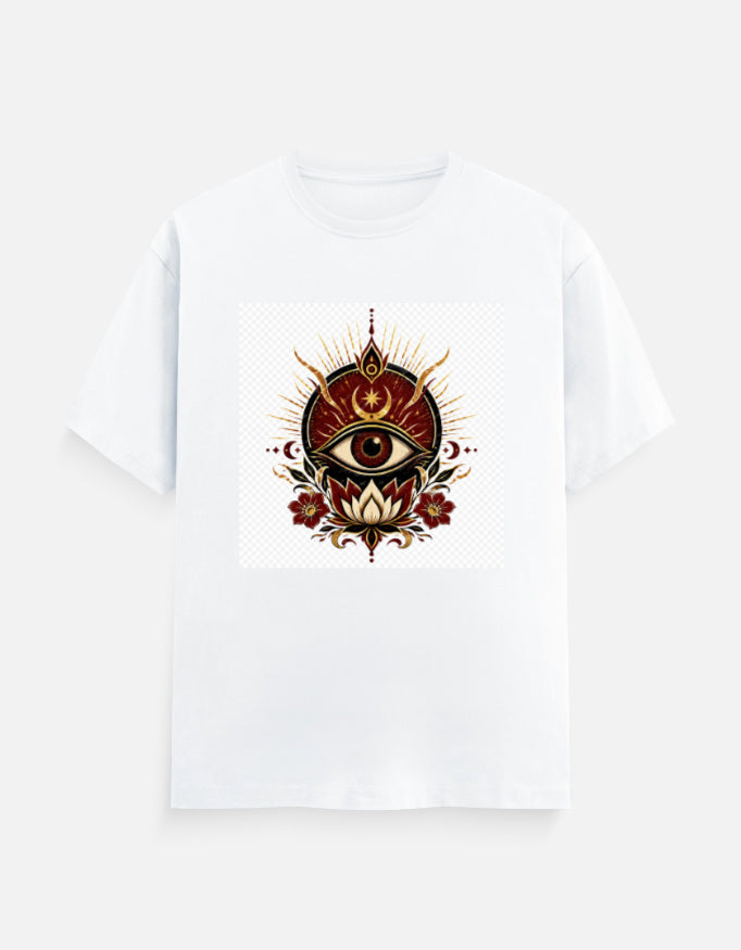 White crew-neck T-shirt with front eye graphic print