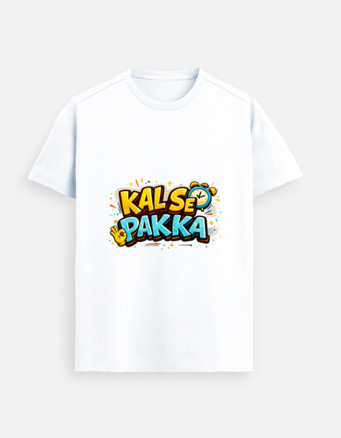 White crew-neck blank tee with front graphic print; short sleeves.