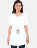 White maternity dress tunic, 3/4 sleeves, colorful “Coming Soon Baby” print