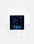White crew-neck t-shirt with blue CEO loading graphic print on chest