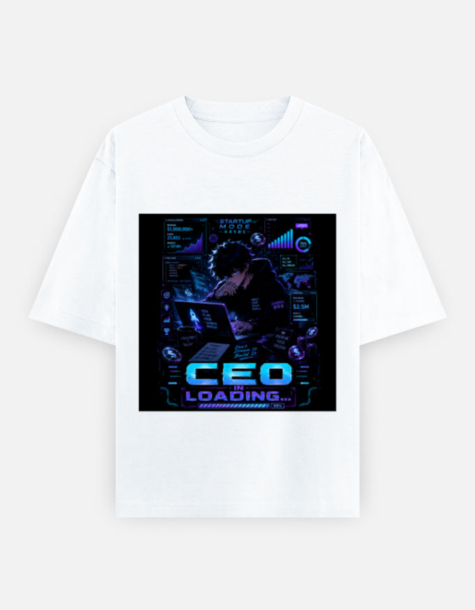 White crew-neck t-shirt with blue CEO loading graphic print on chest