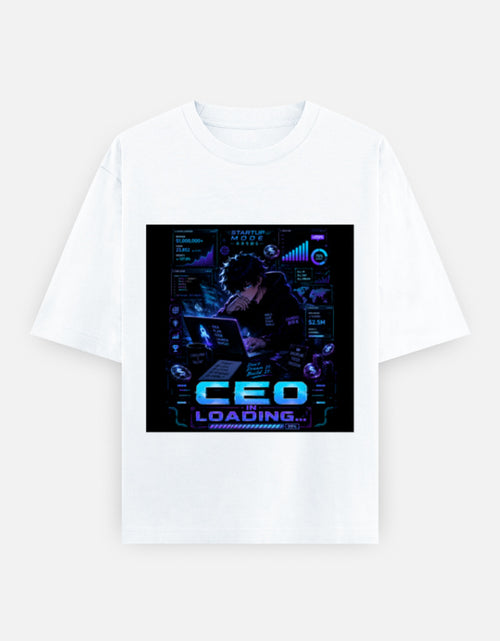White crew-neck t-shirt with blue CEO loading graphic print on chest